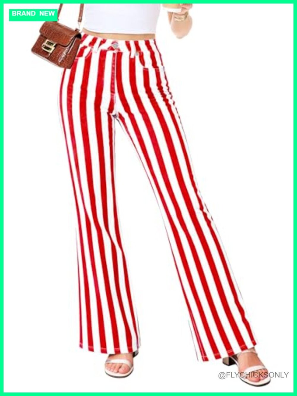 Womens High Waisted Striped Flare Bell Bottom Jeans Stretch Cotton Denim